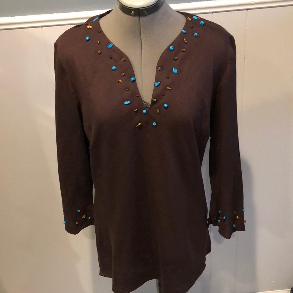 NY Collection Brown Tunic with turquoise and tiger’s eye embellish Women's Top